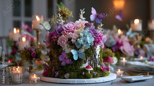 A woodland fairy tale-inspired birthday with a moss-covered cake, edible flowers, and butterflies, creating a magical forest ambiance