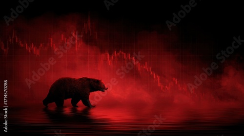 Bear Market's Shadow: A lone bear navigates the ominous crimson glow of a financial market downturn, symbolizing the weight of economic uncertainty.