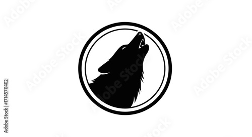 A black silhouette of a wolf howling inside a circular frame on a white background.