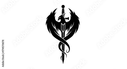 A striking black silhouette of a phoenix with outstretched wings, intertwined with a sword, against a white background.