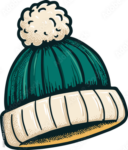 Warm green beanie with a white pom-pom isolated on transparent background. Vector illustration.