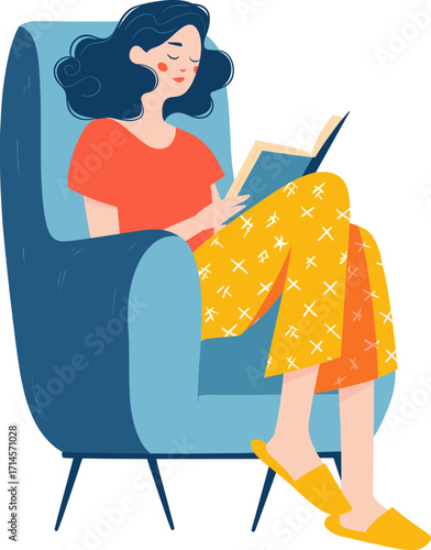 Woman reading book in cozy chair with comfortable outfit and relaxed expression at home isolated on transparent background. Vector illustration.