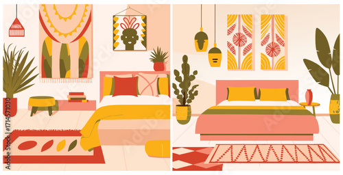Beautifully styled modern ethnic bedroom combining traditional patterns with contemporary Vector art design illustration