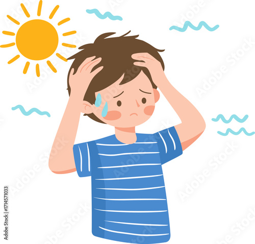 Young boy feeling unwell due to hot weather, struggling with discomfort in sunny outdoor isolated on transparent background. Vector illustration.