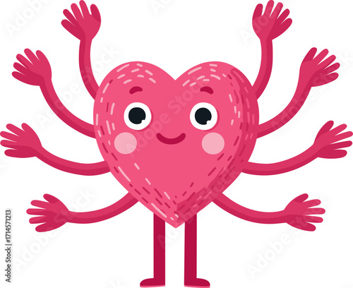 Cute cartoon heart character with multiple arms and a happy face spreading joy and love isolated on transparent background. Vector illustration.