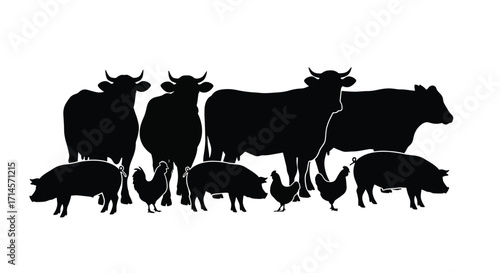 Silhouette of farm animals including cows, pigs, and goats in a group illustration with bold black shapes on white background.