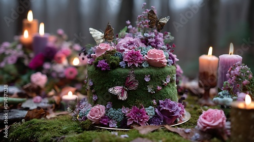 A woodland fairy tale-inspired birthday with a moss-covered cake, edible flowers, and butterflies, creating a magical forest ambiance