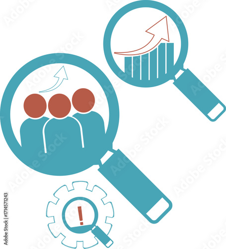 Magnifying glass analyzing business growth, teamwork, and problem solving