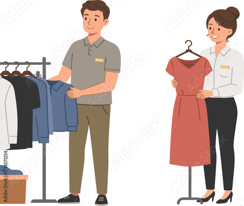Retail, clothing, cartoon, store, fashion, worker, display, hanger, apparel, teamwork, uniform, shopping, customer, rack, boutique, indoor, illustration, style, merchandising, workplace