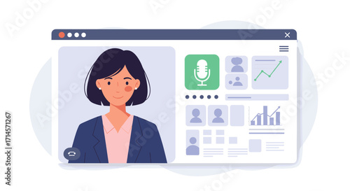 Virtual meeting interface with female host in modern flat design style