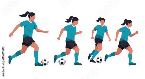 Female soccer player dribbling sequence in flat design with blue kit