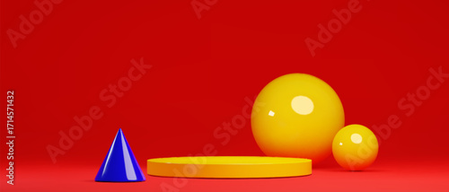 3D geometric podium for product presentation on yellow background. Vector realistic illustration of showroom with red cube, blue balls, torus arch, rectangular pedestal with shadows, banner template
