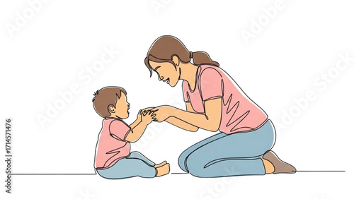 Minimalist line art vector illustration of a mother and child. Elegant, modern, and emotional design suitable for posters, wall art, logos, greeting cards, motherhood concepts, maternity themes