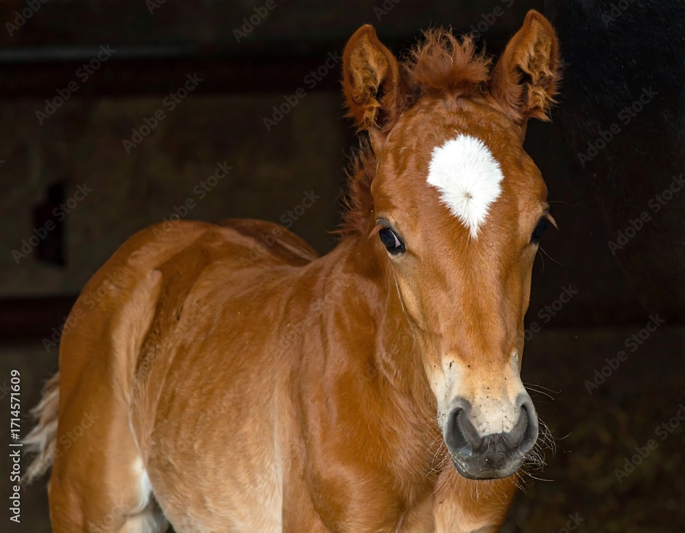 Obraz premium Adorable Chestnut Foal in Stable Setting