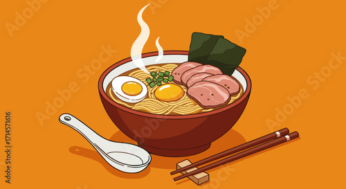 Delicious bowl of ramen with egg and pork in flat style on orange background