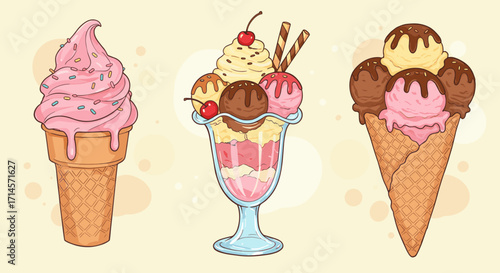 Delicious ice cream arrangements with cones and sundae in pastel colors