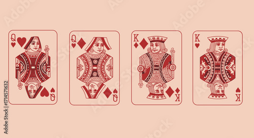 Classic playing cards design: queen and king of hearts and diamonds in vintage style