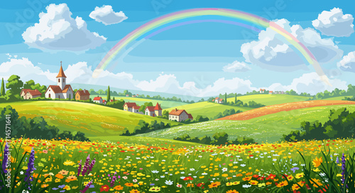 Picturesque countryside scene with rainbow over vibrant flower fields