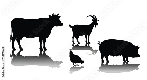 Detailed farm animal silhouettes of cow, goat, pig, and chicken standing together with slight shadows on clean white surface.