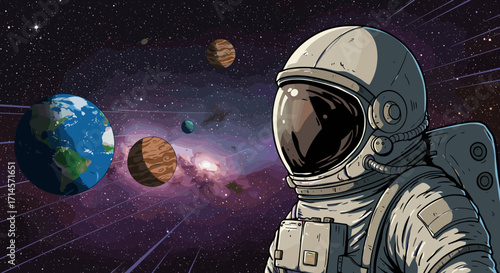 Space adventure: retro comic style astronaut in colorful galaxy with planets