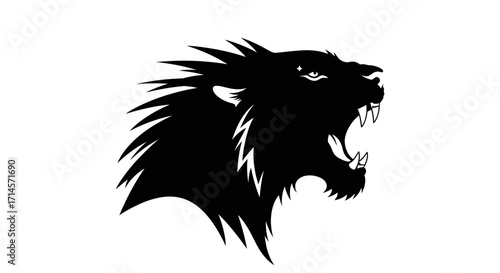 A fierce black panther silhouette with its mouth open in a roar, showcasing sharp teeth and a spiky mane.