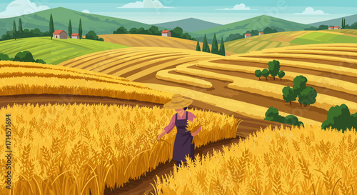 Farmer in wheat field with rolling hills and rural landscape background