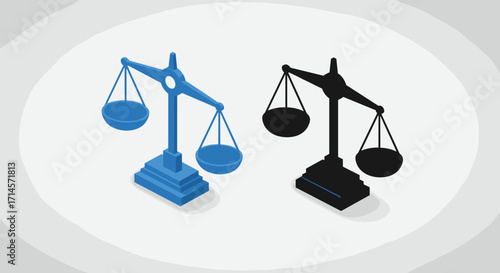 Isometric balance scales icon in blue and black on gray background