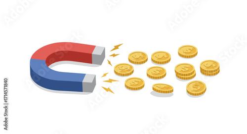 Isometric magnet attracting coins with lightning signs: symbolizing financial success and wealth
