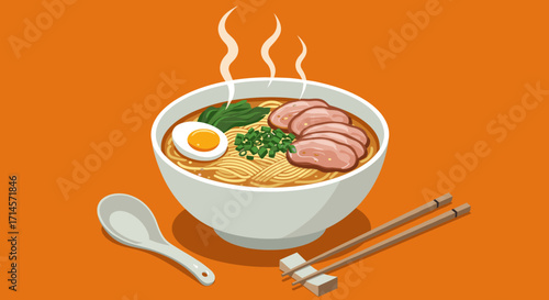 Delicious bowl of ramen with egg and pork on orange background