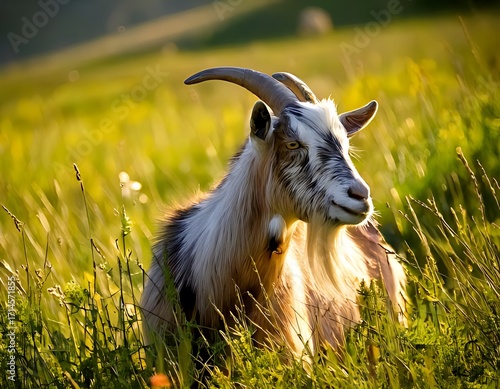 A goat in a field bathed in golden sunlight