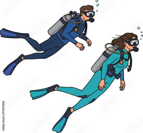 Scuba divers underwater in wetsuits with tanks, fins, masks, bubbles, exploring ocean depths, water sport, summer activity, adventure