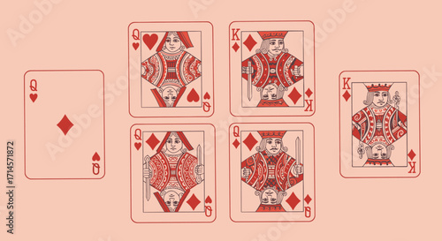 Elegant card deck with royal hearts and diamonds on soft background