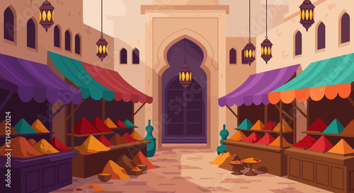 Colorful middle eastern market with spices and lanterns in a traditional bazaar setting