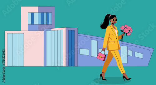 Stylish woman in yellow suit with flowers walking in front of modern buildings