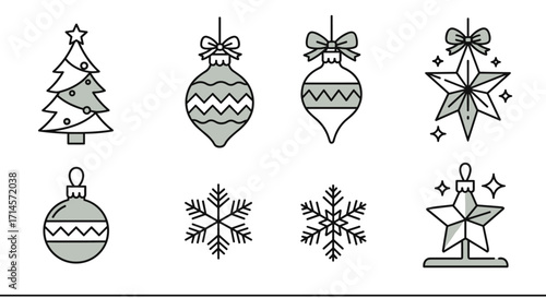 Festive christmas decorations collection: linear holiday ornaments and symbols
