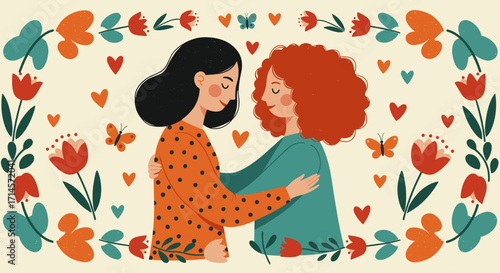 Charming floral embrace: curly and long hair women surrounded by flowers and butterflies in flat style