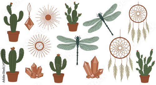 Boho set with cacti, crystals, dreamcatchers and dragonflies in flat design