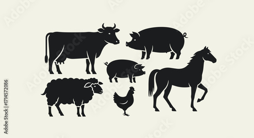 Vector silhouettes of farm animals including horse, cow, sheep, pig, and chicken in a group composition for rural design.