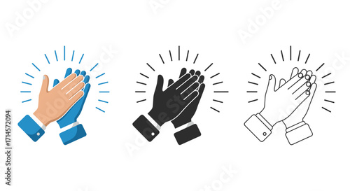Stylish clapping hands in three variations: colorful, silhouette, and outline
