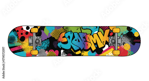 Colorful graffiti skateboard deck design with urban art elements
