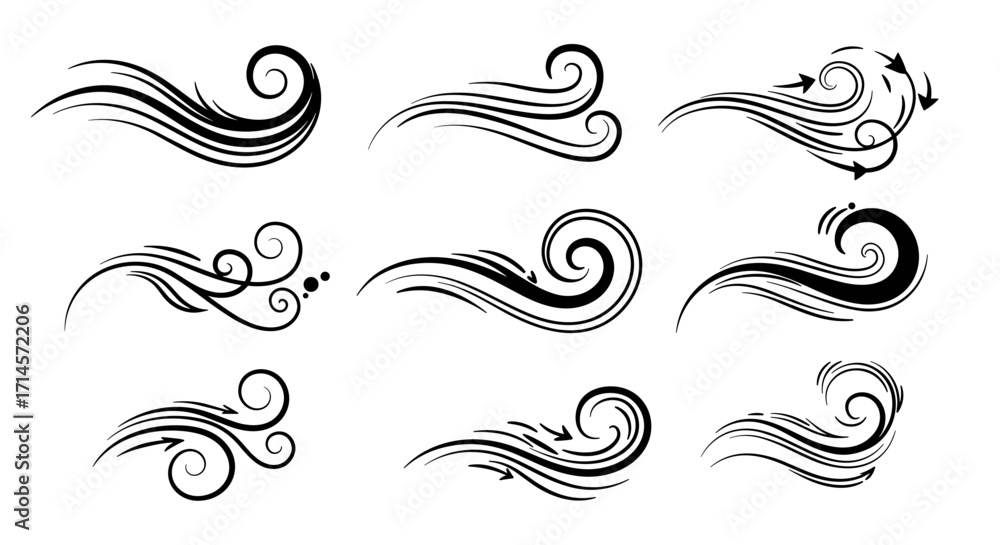 Fototapeta premium Elegant curved wave patterns with swirls and arrows in minimalist black and white design