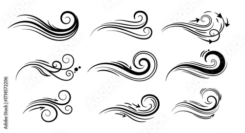Elegant curved wave patterns with swirls and arrows in minimalist black and white design
