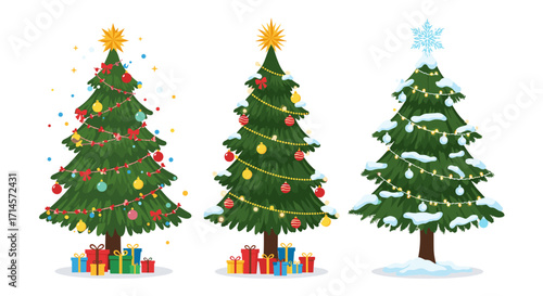 Festive christmas trees with decorations and snowflakes for holiday celebrations