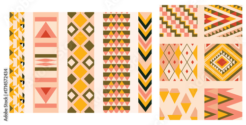 Vibrant collection of geometric tribal patterns in bold colors and intricate Vector art design