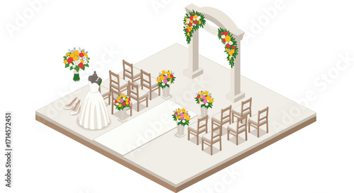 Isometric wedding ceremony setup with dress and floral decorations
