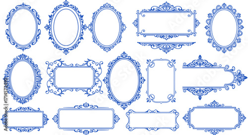 Elegant ornate blue frames collection for decorative designs and artistic projects