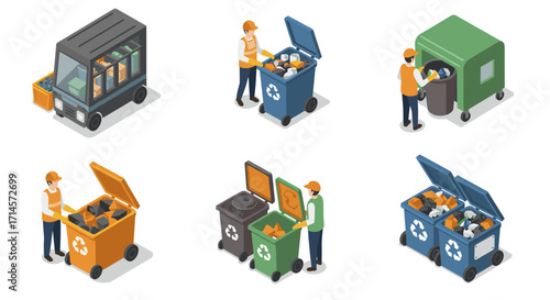 Isometric recycling process with workers and bins