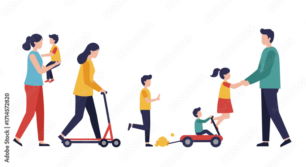 Fototapeta premium Family outdoors: parents and kids playing in simple flat design