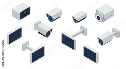 Isometric security camera set with various styles and angles for surveillance projects