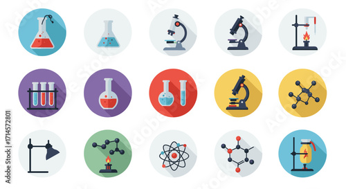 Modern science laboratory equipment icons set in flat design with long shadows